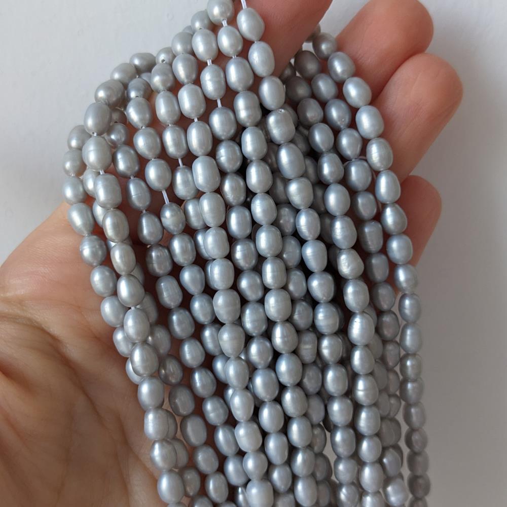 Prírodné sivé perly, ryžové, 5*6 mm, 34 cm
